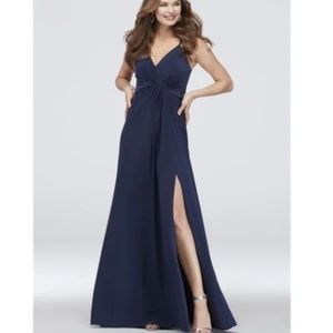 Navy V-Neck Leg-Slit Full Length Formal Dress David's Bridal